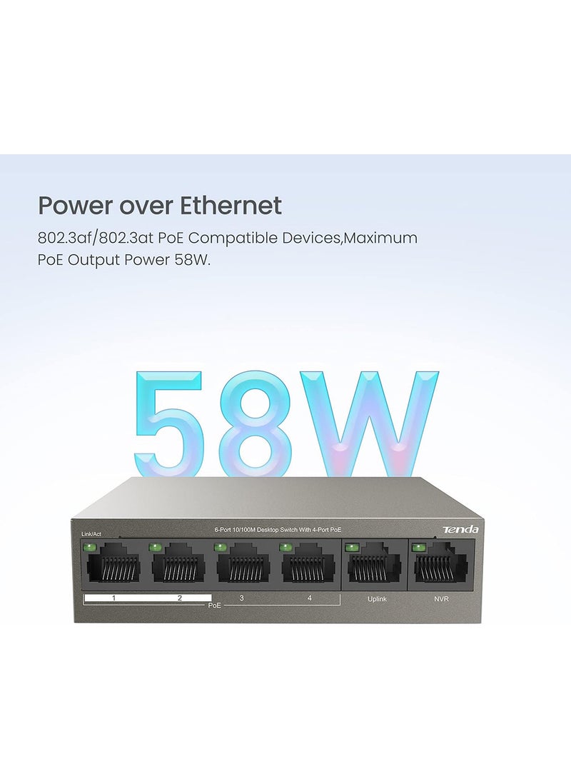 PoE Switch 6-Port 10/100Mbps (4 PoE+ & 2 Uplink Ports, 58 W for all PoE Ports, QoS, 250m Transmission Distance, 802.3at/af, Desktop/Wall Mounting, Metal Case, Plug and Play) (TEF1106P-4-63W) Brown