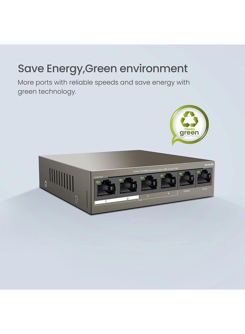 PoE Switch 6-Port 10/100Mbps (4 PoE+ & 2 Uplink Ports, 58 W for all PoE Ports, QoS, 250m Transmission Distance, 802.3at/af, Desktop/Wall Mounting, Metal Case, Plug and Play) (TEF1106P-4-63W) Brown