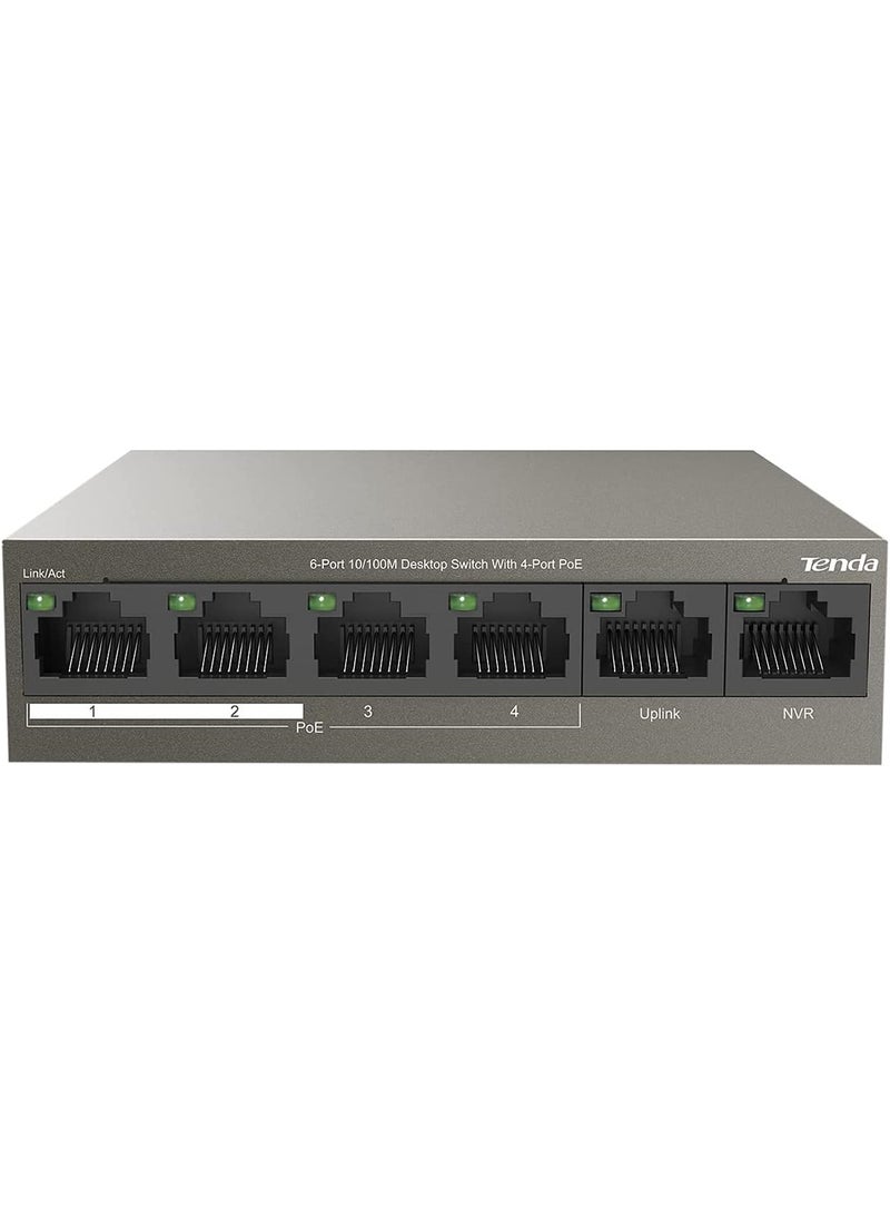 PoE Switch 6-Port 10/100Mbps (4 PoE+ & 2 Uplink Ports, 58 W for all PoE Ports, QoS, 250m Transmission Distance, 802.3at/af, Desktop/Wall Mounting, Metal Case, Plug and Play) (TEF1106P-4-63W) Brown