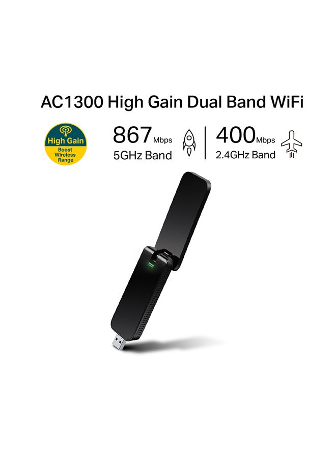 Archer T4U AC1300 Wireless Dual Band USB Adapter, USB 3.0 Wireless Network Dongle with Foldable High Gain Antenna for PC/Laptop, Works with Windows, Mac OS Black