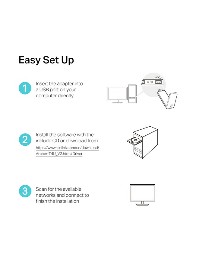 Archer T4U AC1300 Wireless Dual Band USB Adapter, USB 3.0 Wireless Network Dongle with Foldable High Gain Antenna for PC/Laptop, Works with Windows, Mac OS Black