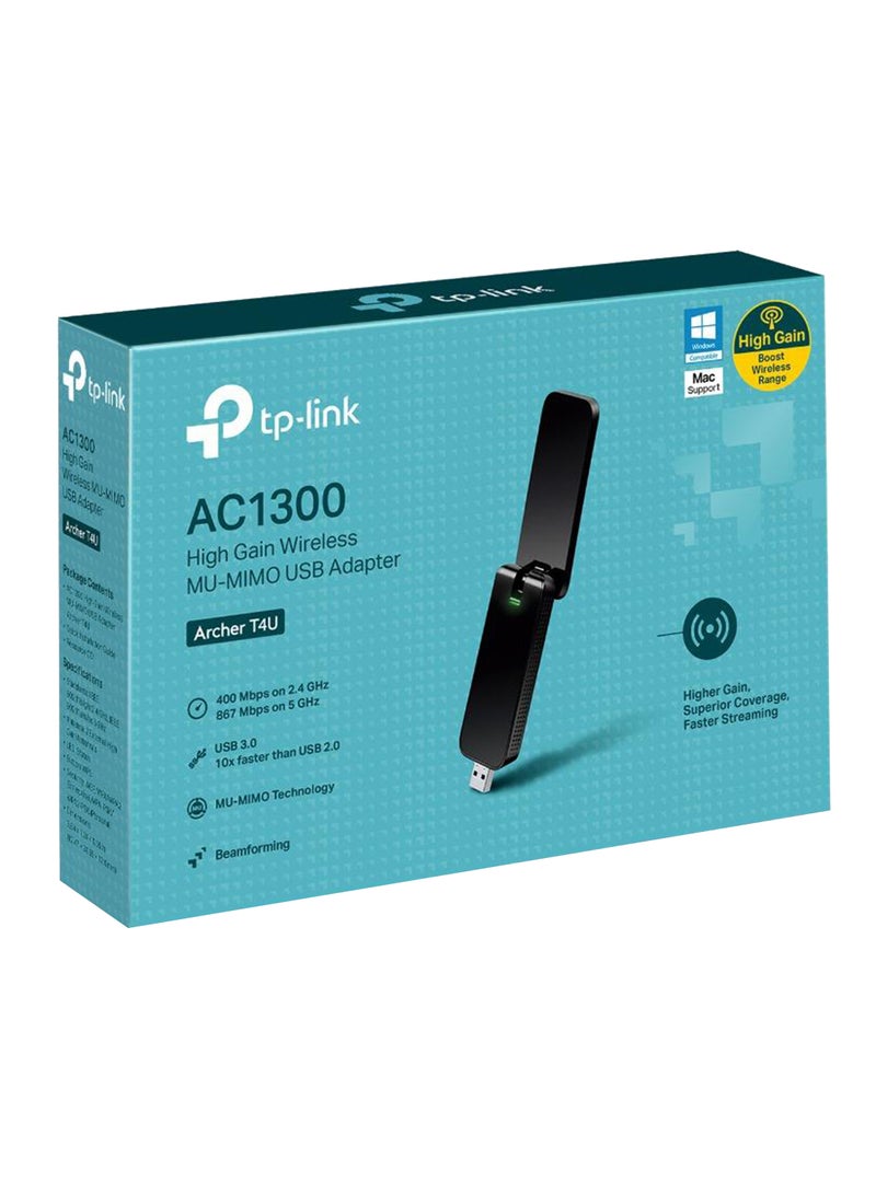 Archer T4U AC1300 Wireless Dual Band USB Adapter, USB 3.0 Wireless Network Dongle with Foldable High Gain Antenna for PC/Laptop, Works with Windows, Mac OS Black
