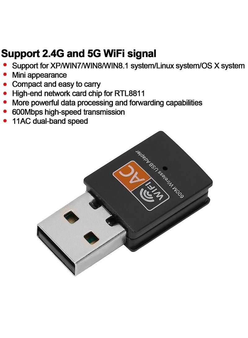 Dual Band 5GHz/2.4GHz WiFi Adapter, USB Network Card Adapter, 5G Computer Receiver, Mini 2.4G 8811 External Wireless Network Card for Windows