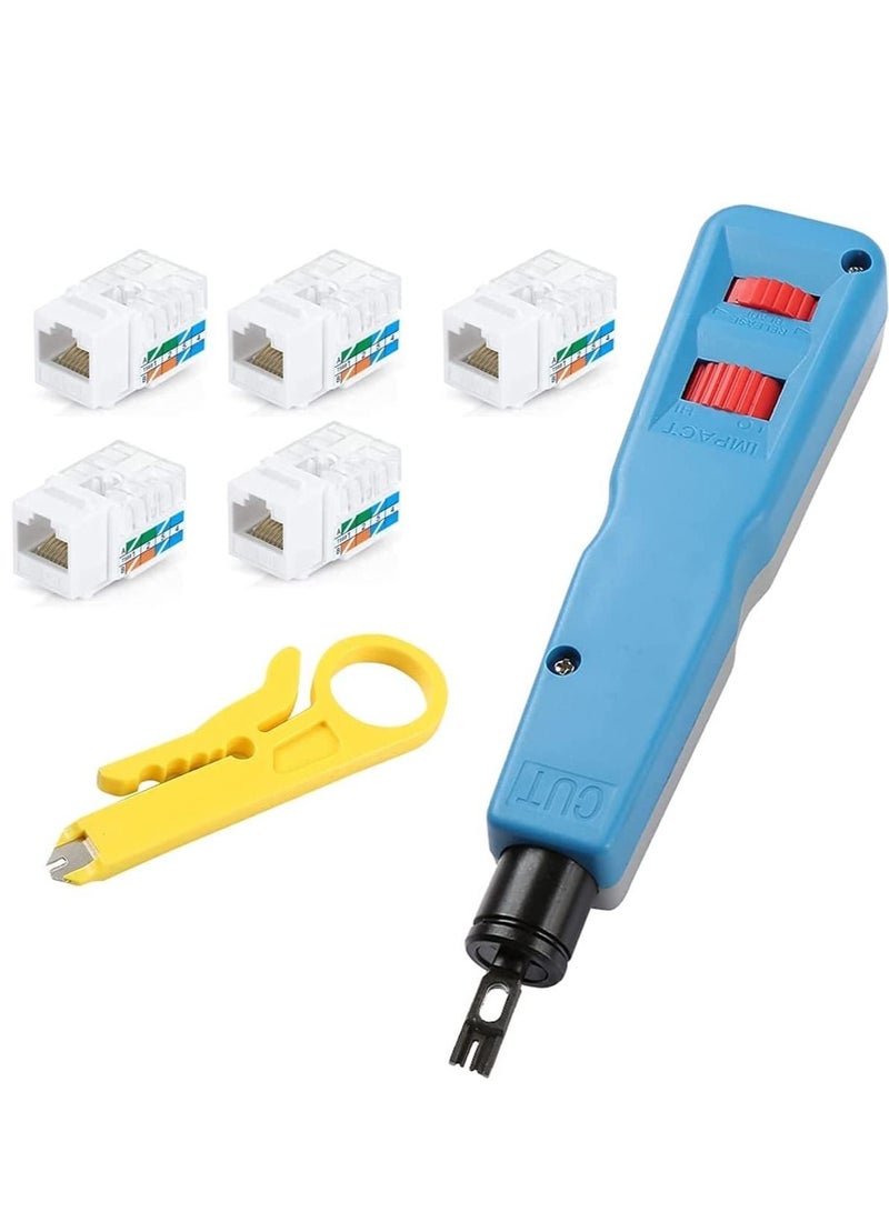 DKURVE® Punch Down Tool with 5-Pack RJ45 Cat6 Keystone Jack, Mini Wire Stripper Tool