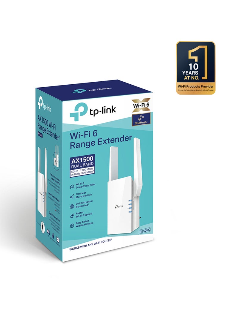 RE505X AX1500 Wi-Fi 6 Range Extender, 1500Mbps Fast Speed, Dual Band, High Speed Mode, Gigabit Port, Access Point Mode, Works with any Wi-Fi Router White