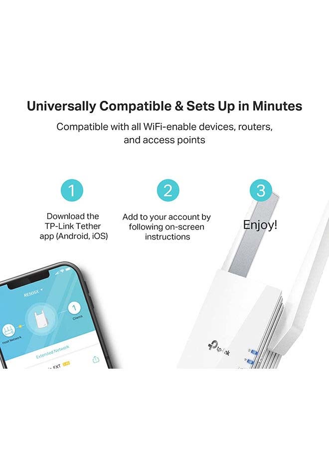 AX1800 Wi-Fi 6 Range Extender, 1201Mbps Fast Speed, Dual Band, High Speed Mode, Gigabit Port, Access Point Mode, Works with any Wi-Fi Router, RE605X, White