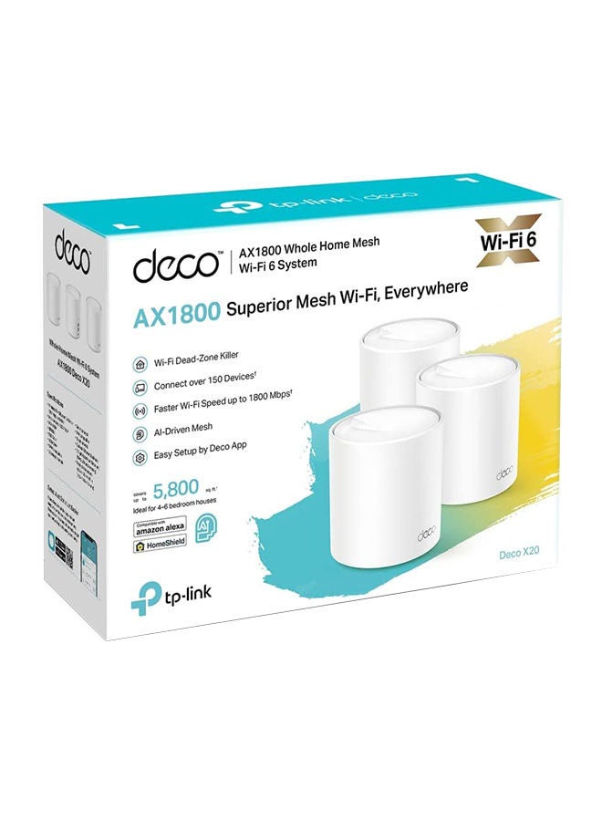 Deco X20 (3-Pack) AX1800 Whole Home Advanced Mesh Wi-Fi 6 System, Coverage for 4-6 Bedroom Houses, Connect up to 150 Devices, WPA3 Security & Built-in Antivirus, Parental Controls, Works with Alexa White