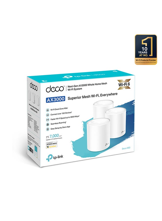 Deco X60 (3-Pack) AX3000 Whole Home Advanced Mesh Wi-Fi 6 System, Coverage for 4-7+ Bedroom Houses, Connect up to 150 Devices, WPA3 Security & Built-in Antivirus, Parental Controls, Works with Alexa White