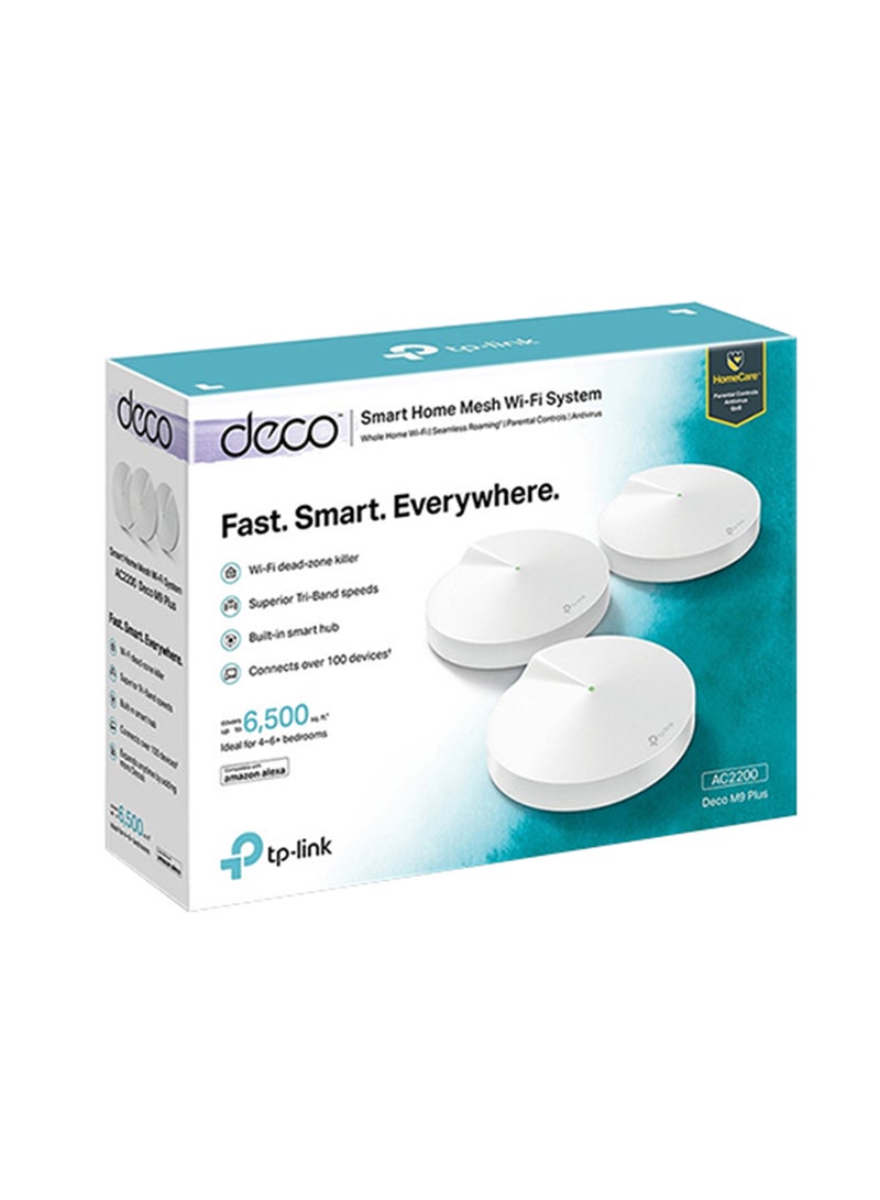 Deco M9 Plus (3-Pack) AC2200 Tri-Band Whole Home Mesh WiFi System, Coverage for 4-6+ Bedroom Houses, 100 Devices Connectivity, Built-in Antivirus, Smart Hub, Tri-Band Dynamic Backhaul, Parental Controls, Works with Alexa White