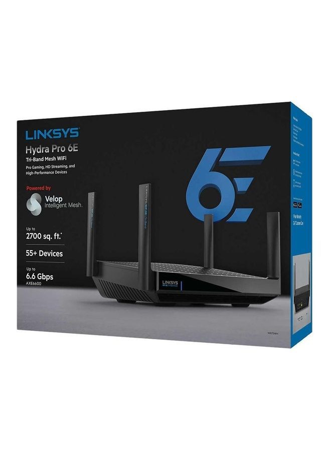 Hydra Pro 6E Tri‑Band WiFi 6E Mesh Router - Wireless Gaming 8-Stream Router, 6 GHz Band for 8K Streaming, Up to 6.6 Gbps Speed, 2700 sq. ft Coverage, 55+ Devices, Works with Velop Mesh System Black