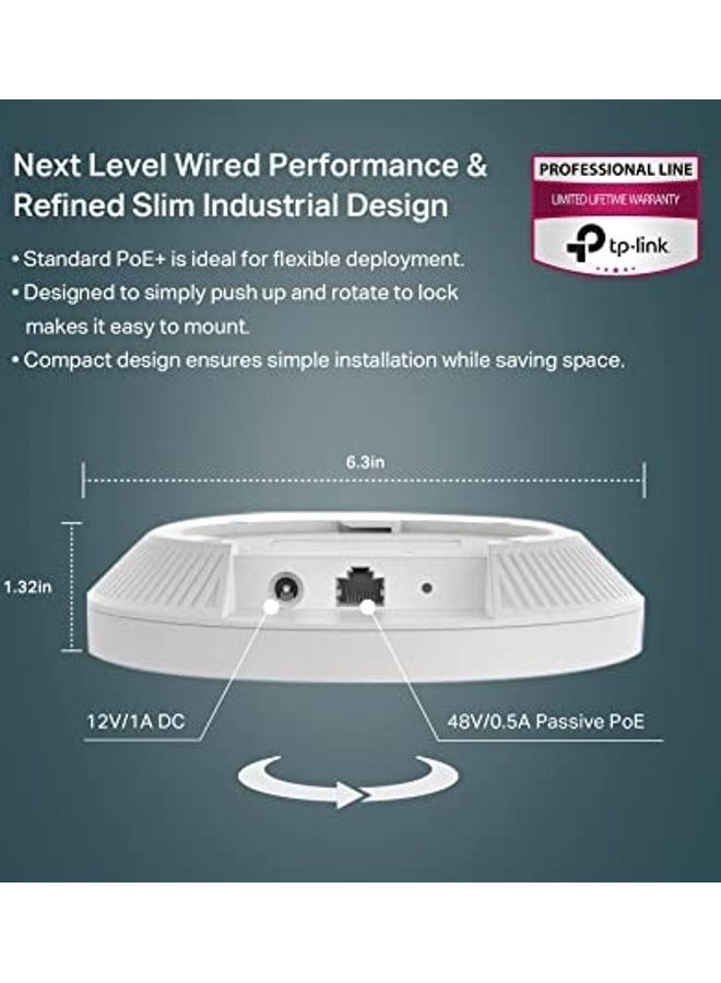 EAP650 AX3000 Mesh Ceiling Mount WiFi 6 Access Point, Seamless Roaming, Up to 2976 Mbps WiFi Speeds, WPA3/MUMIMO, Remote & App Control, PoE+ Powered, Multiple Controller Options White