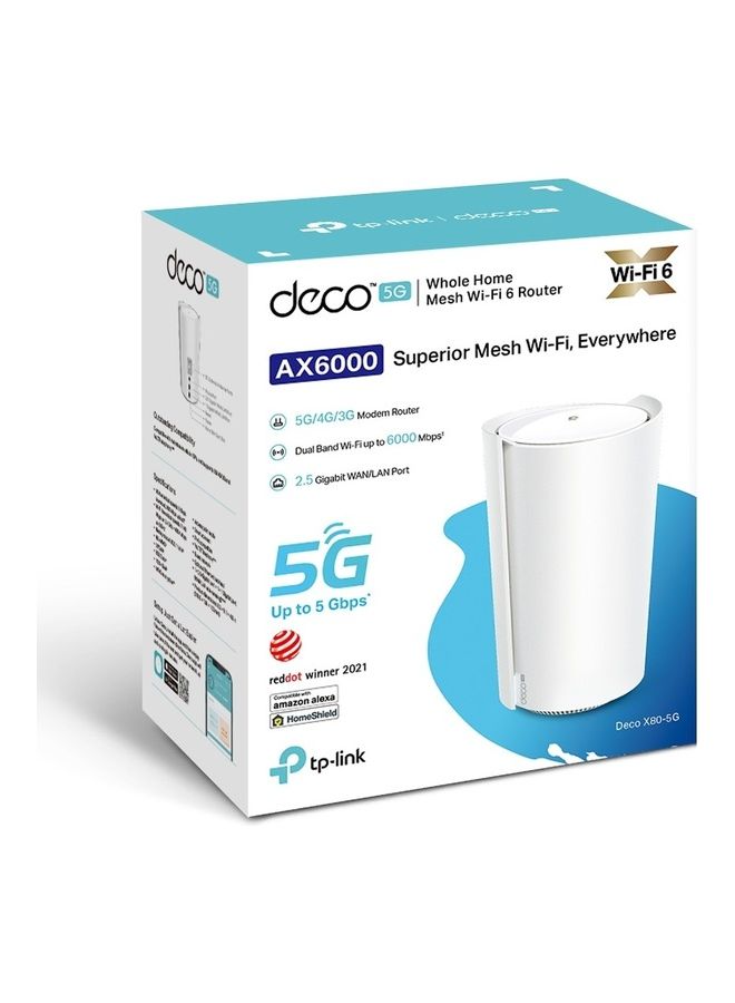 5G AX6000 Whole Home WiFi6 Gateway, built-in 5G+ modem, Wi-Fi 6, VoLTE, Mesh tech, 2.5G Internet Port, Connect up to 200 Devices, HomeShield Security, Works with Alexa (Deco X80-5G) White