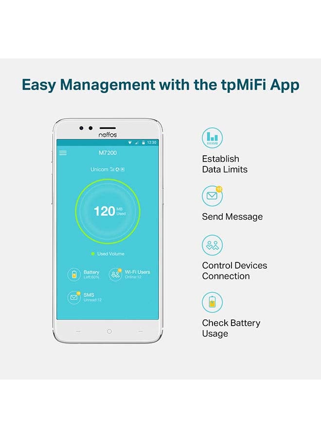 M7200 4G LTE 150MBPS Mobile Wi-Fi Hot Spot, Plug And Play, Connects Up To 10 Devices, 2000mAh Battery, Compatible With All SIM Cards, Manage tpMiFi App Black