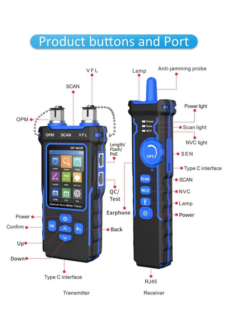 Network Cable Tester and Tracker, Fiber Tester, Network Cable Tester with Optical Power Meter VFL, RJ11 RJ45/PoE Tester/CAT5 CAT6/length Measurement, for Telephone, Ethernet, Video, PoE Tester