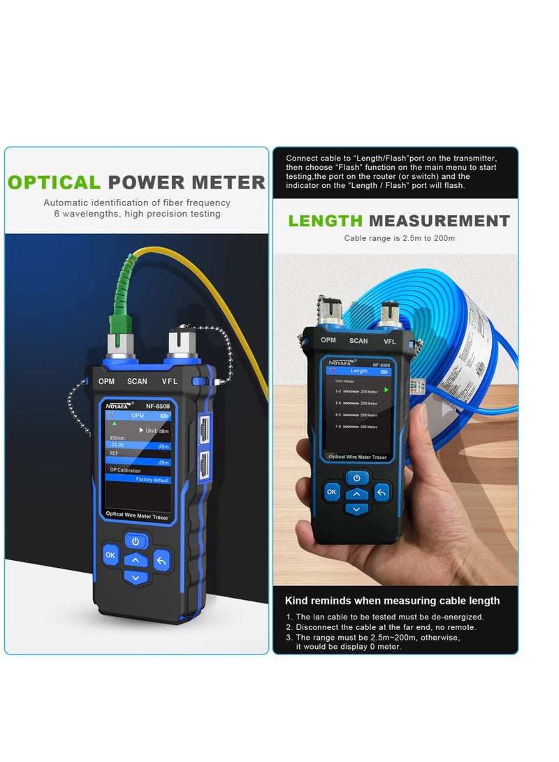 Network Cable Tester and Tracker, Fiber Tester, Network Cable Tester with Optical Power Meter VFL, RJ11 RJ45/PoE Tester/CAT5 CAT6/length Measurement, for Telephone, Ethernet, Video, PoE Tester