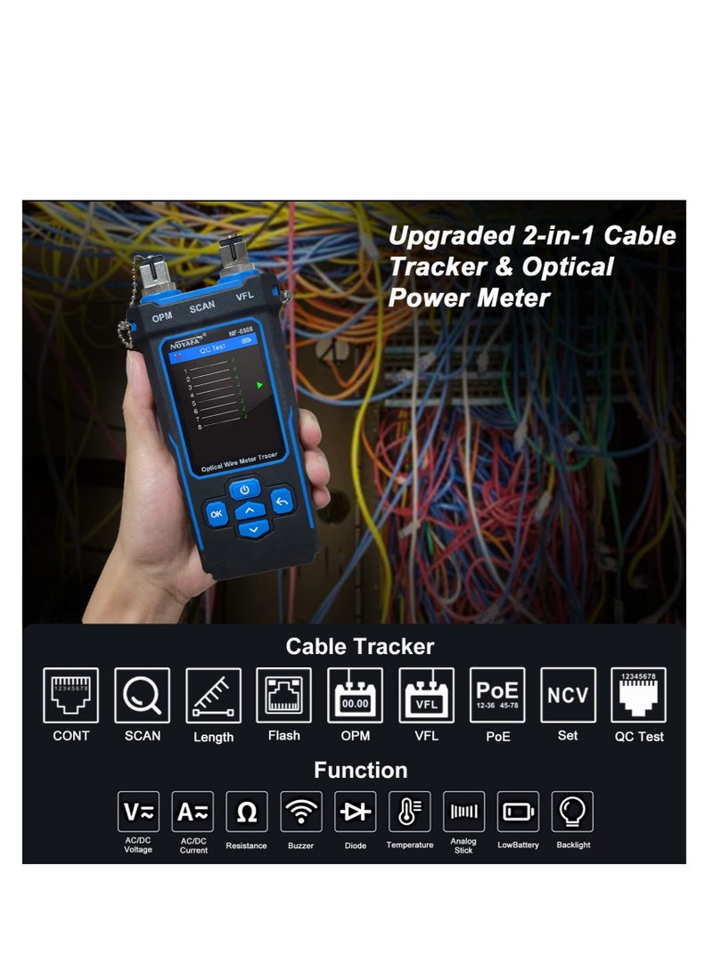 Network Cable Tester and Tracker, Fiber Tester, Network Cable Tester with Optical Power Meter VFL, RJ11 RJ45/PoE Tester/CAT5 CAT6/length Measurement, for Telephone, Ethernet, Video, PoE Tester