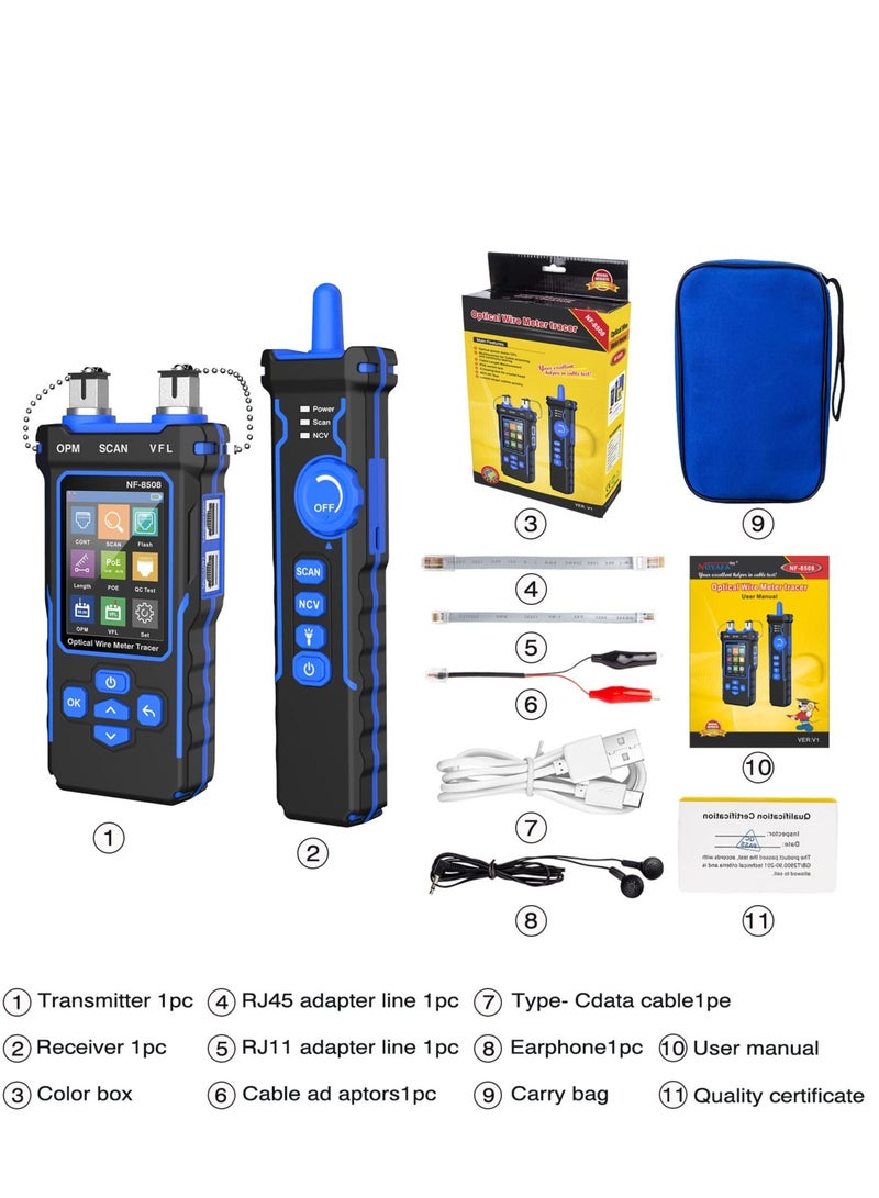 Network Cable Tester and Tracker, Fiber Tester, Network Cable Tester with Optical Power Meter VFL, RJ11 RJ45/PoE Tester/CAT5 CAT6/length Measurement, for Telephone, Ethernet, Video, PoE Tester