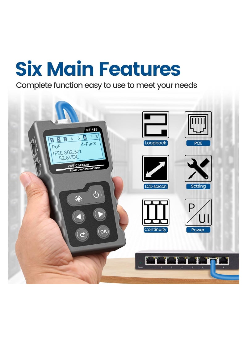 RJ45 Network Cable Tester, Multifunction Poe Ethernet Cable Tester Kit for CAT5e/CAT6/CAT6a, Network Cable Continuity Tester DC Power & Switch Loop-Back Test Poe Checker, Fault Distance Location