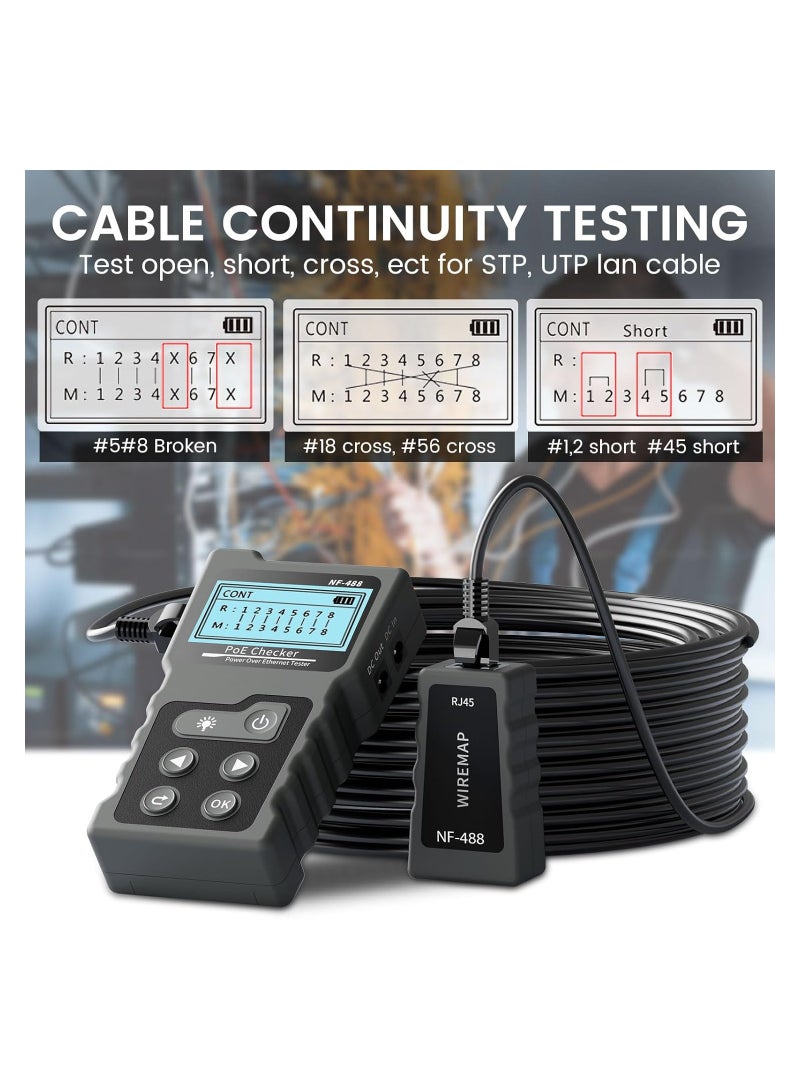 RJ45 Network Cable Tester, Multifunction Poe Ethernet Cable Tester Kit for CAT5e/CAT6/CAT6a, Network Cable Continuity Tester DC Power & Switch Loop-Back Test Poe Checker, Fault Distance Location