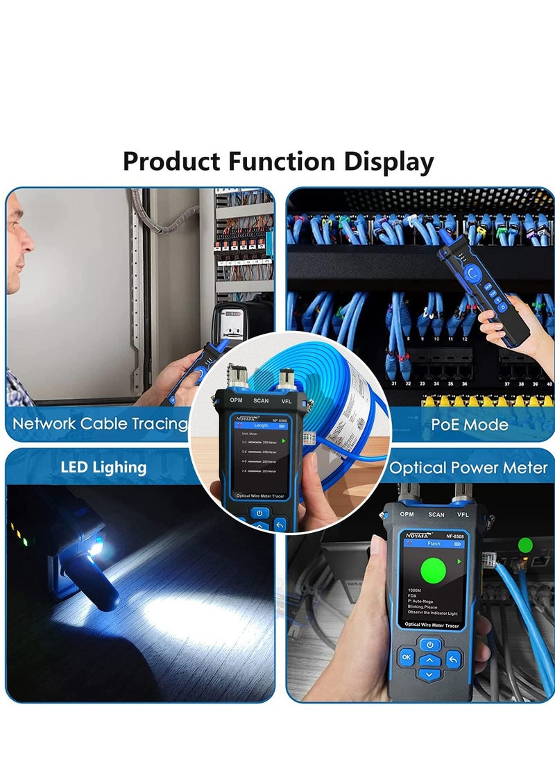 Network Cable Tester and Tracker, Fiber Tester, Network Cable Tester with Optical Power Meter VFL, RJ11 RJ45/PoE Tester/CAT5 CAT6/length Measurement, for Telephone, Ethernet, Video, PoE Tester