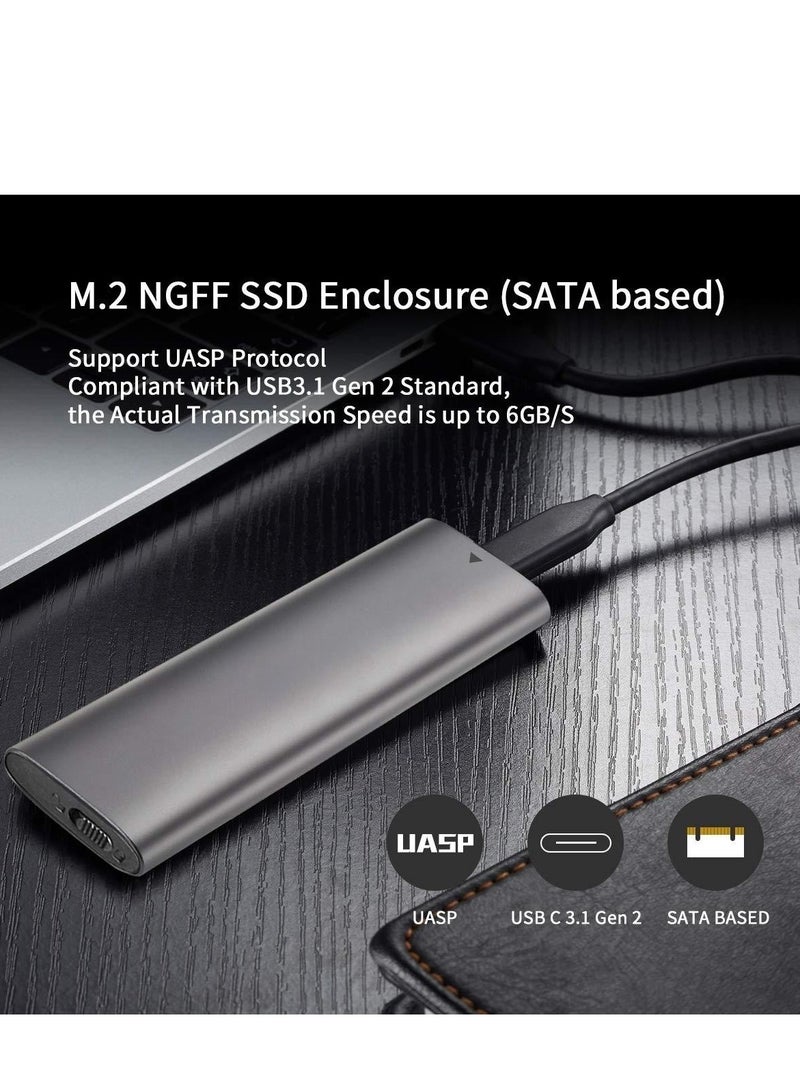 Aluminum Tool-Free M.2 SATA SSD Enclosure Reader USB 3.2 Gen 2(6Gbps) Type-C External SSD Adapter Support UASP Trim for M2 SATA NGFF 2242/2260/2280 SSD with B Key/B+M Key(for M.2 SATA SSD only)