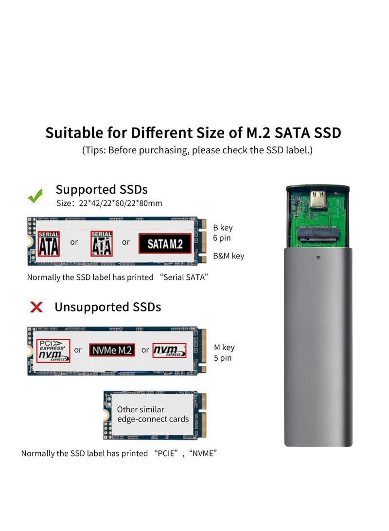 Aluminum Tool-Free M.2 SATA SSD Enclosure Reader USB 3.2 Gen 2(6Gbps) Type-C External SSD Adapter Support UASP Trim for M2 SATA NGFF 2242/2260/2280 SSD with B Key/B+M Key(for M.2 SATA SSD only)