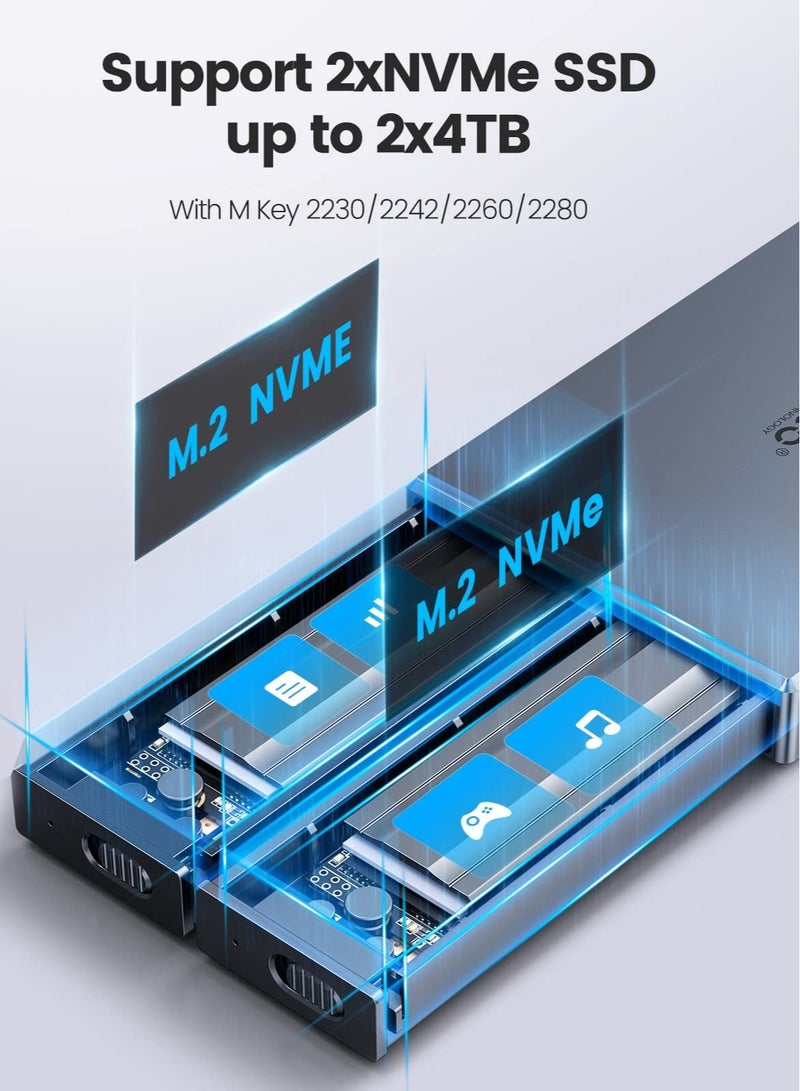 Dual Bay NVMe M2 SSD Enclosure High Speed USB3.2 Gen2 10Gbps Docking Station for PCIe M Key B M Key 2230 2242 2260 2280 SSDs Tool Free Installation Supports up to 4TB