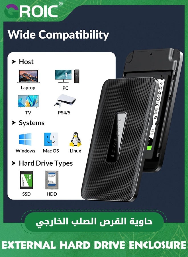 Black SATA Enclosure 2.5 [Tool-Free] 2.5 External Hard Drive Enclosure, Carbon Fiber Texture 2.5 SSD Enclosure, Hard Drive Enclosure 2.5 with USB-A Cable, 2.5 Enclosure for 7-9.5mm SSD/HDD