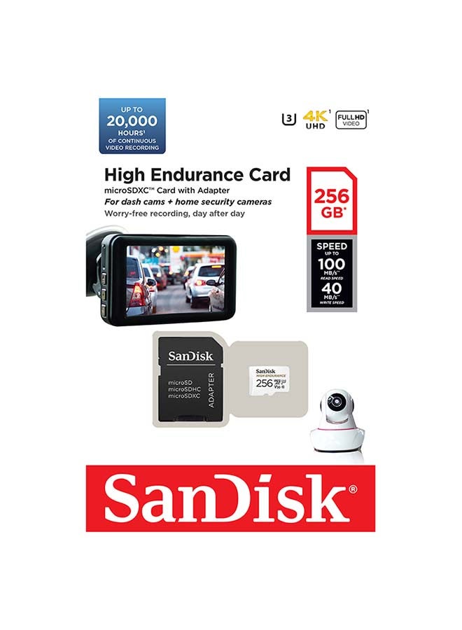 High Endurance microSDXC + SD Adapter - for dash cams & home monitoring, up to 20,000 Hours, Full HD / 4K videos, up to 100/40 MB/s Read/Write speeds, C10, U3, V30 256.0 GB