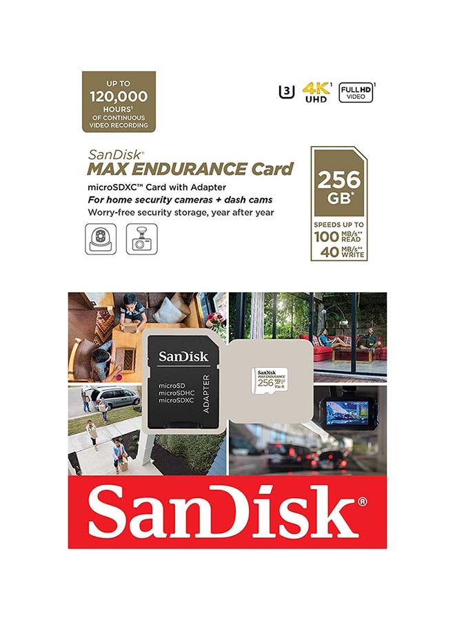 High Endurance microSDXC + SD Adapter - for dash cams & home monitoring, up to 20,000 Hours, Full HD / 4K videos, up to 100/40 MB/s Read/Write speeds, C10, U3, V30 256.0 GB