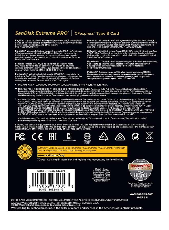 Extreme PRO CFexpress Card Type B,, 1500MB/s Read, 800MB/s Write 64.0 GB