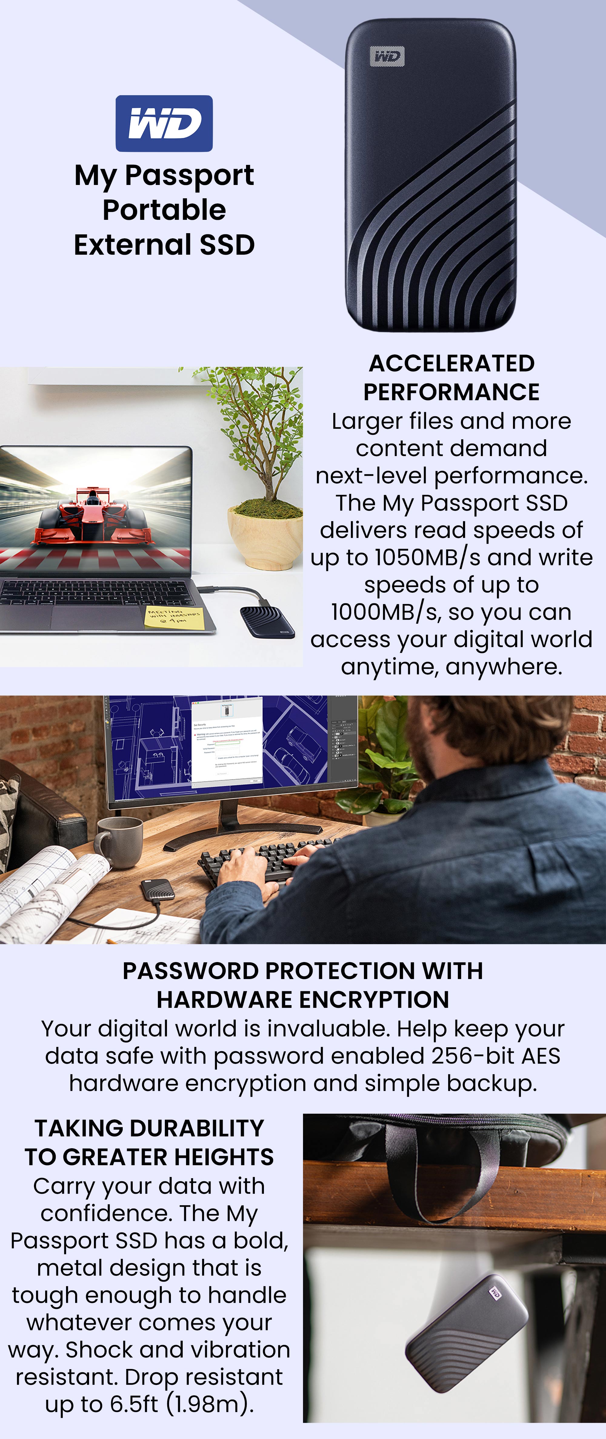 My Passport SSD - Portable SSD, up to 1050MB/s Read and 1000MB/s Write Speeds, USB 3.2 Gen 2 - Midnight Blue 1.0 TB