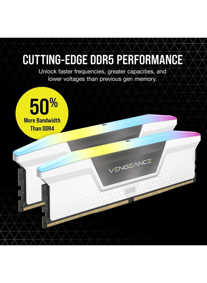 VENGEANCE RGB 64GB (2 x 32GB) DDR5 Desktop Memory Kit, 6000MHz Speed, CAS 40 Latency, 1.35 Voltage, Overclocking PMIC, XMP 3.0 / Intel 600 Series Compatibility, White | CMH64GX5M2B6000C40W 64 GB