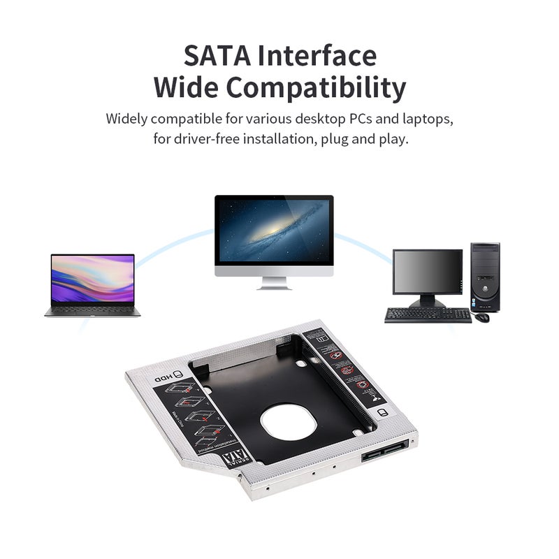 Aluminum Alloy SATA3.0 2nd HDD Caddy SSD Enclosure For Desktop PC Laptops Black