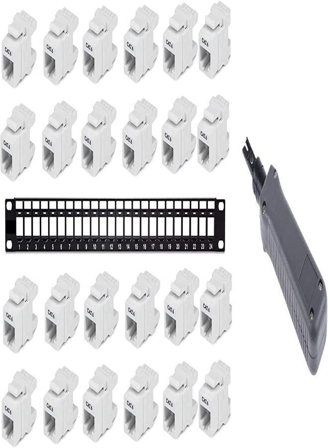 24-Port  1U Patch Panel Cat5, Cat5e, Cat6, Cat6A, UTP, 19 Rackmount Design With 24 Keystone Jack & Punch Down Tool