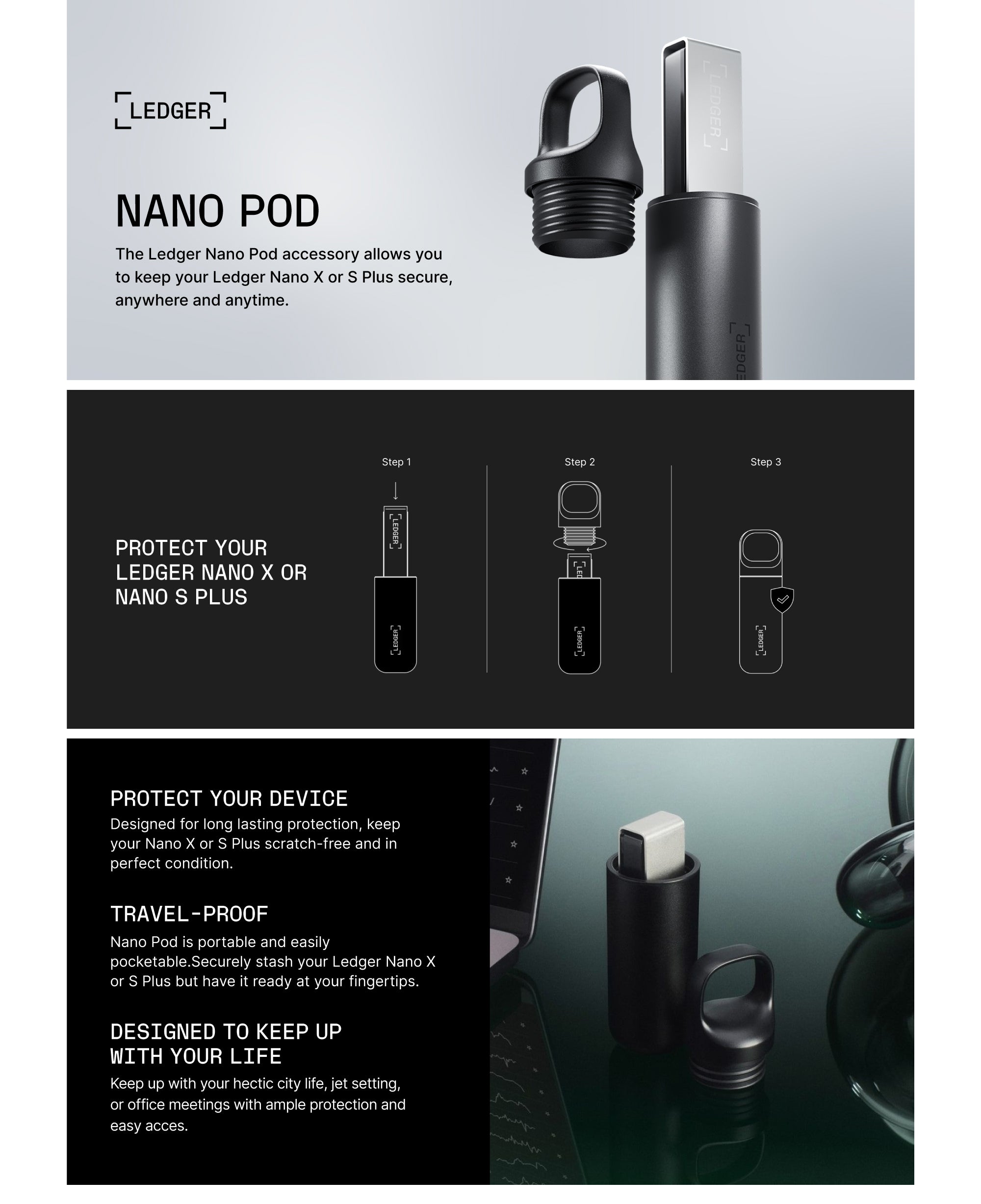 Nano S Plus Pod | Secure & Protective Storage for Ledger Nano S Plus Hardware Wallet, Portable and Lightweight | Aluminum Finish  - Black