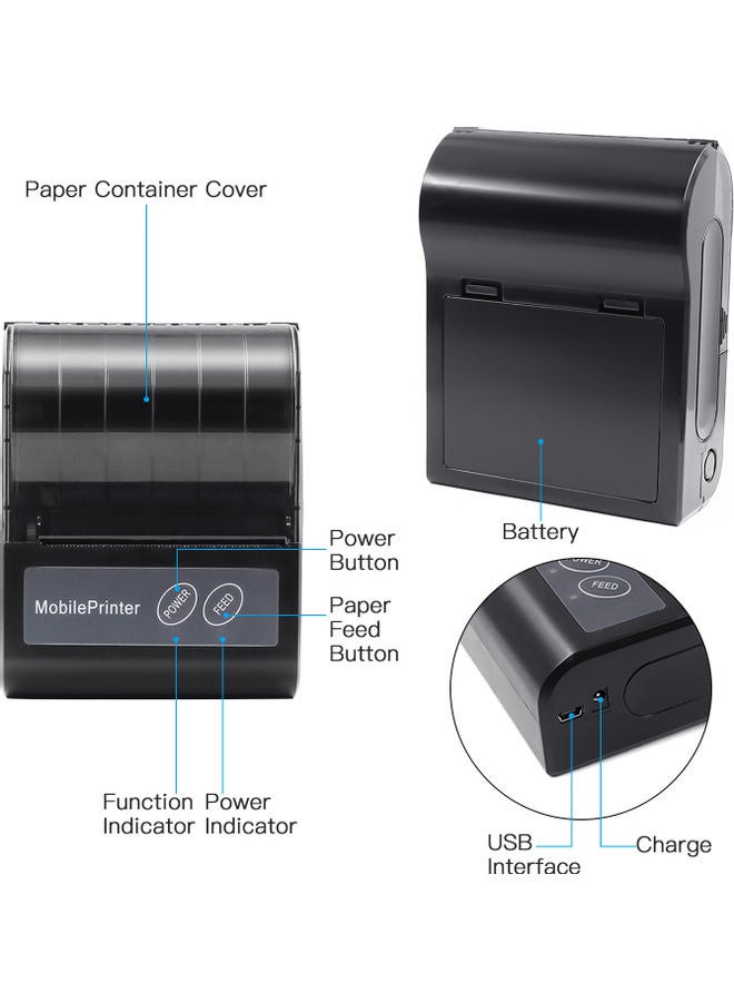 Portable BT Thermal Receipt Printer with Rechargeable Battery Support ESC/POS Black