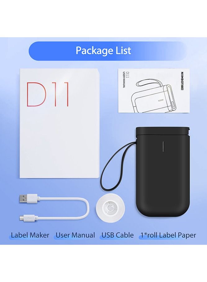 D11 Portable Bluetooth Sticker Label Printer with 1 Roll 12*40mm White Tape, USB Rechargeable, Inkless Thermal Label Maker with 10-15mm Print Width, Ideal for Home and Small Business Supplies, Black