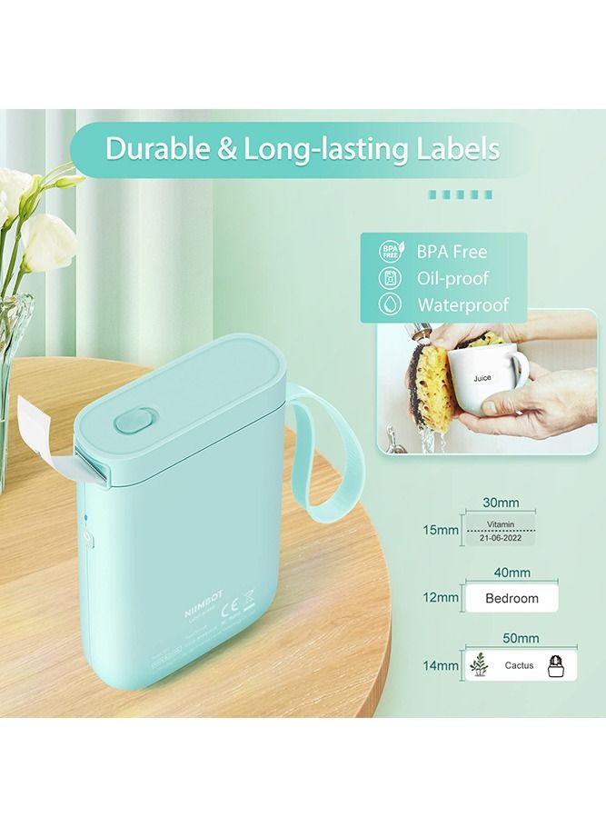 D11 Portable Bluetooth Sticker Label Printer with 1 Roll 12*40mm White Tape, USB Rechargeable, Inkless Thermal Label Maker with 10-15mm Print Width, Ideal for Home and Small Business Supplies, Green