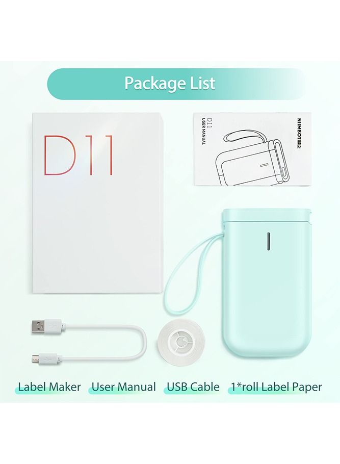 D11 Portable Bluetooth Sticker Label Printer with 1 Roll 12*40mm White Tape, USB Rechargeable, Inkless Thermal Label Maker with 10-15mm Print Width, Ideal for Home and Small Business Supplies, Green