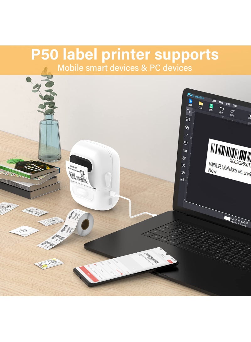 Label Maker Machine with Tape Barcode Label Printer Mini Portable Bluetooth Thermal Labeler for Address Clothing Jewelry Retail Barcode Small (White  1 Roll Label)