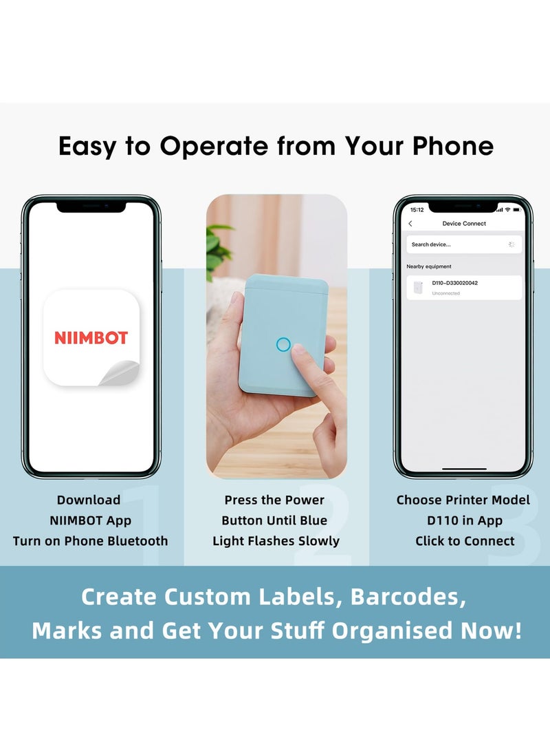 D110 Thermal Label Makers with 1 Roll 15mm*30mm White Tape, Portable Mini Wireless Bluetooth Sticker Printer for Home Office School Use, Mobile Phone Editable, Printable Width 10-15mm, Blue