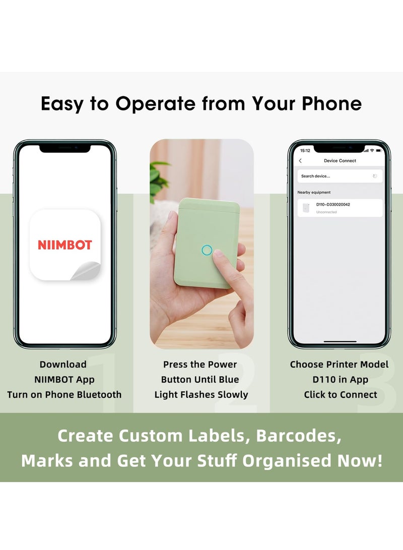 D110 Thermal Label Makers with 1 Roll 15mm*30mm White Tape, Portable Mini Wireless Bluetooth Sticker Printer for Home Office School Use, Mobile Phone Editable, Printable Width 10-15mm, Green