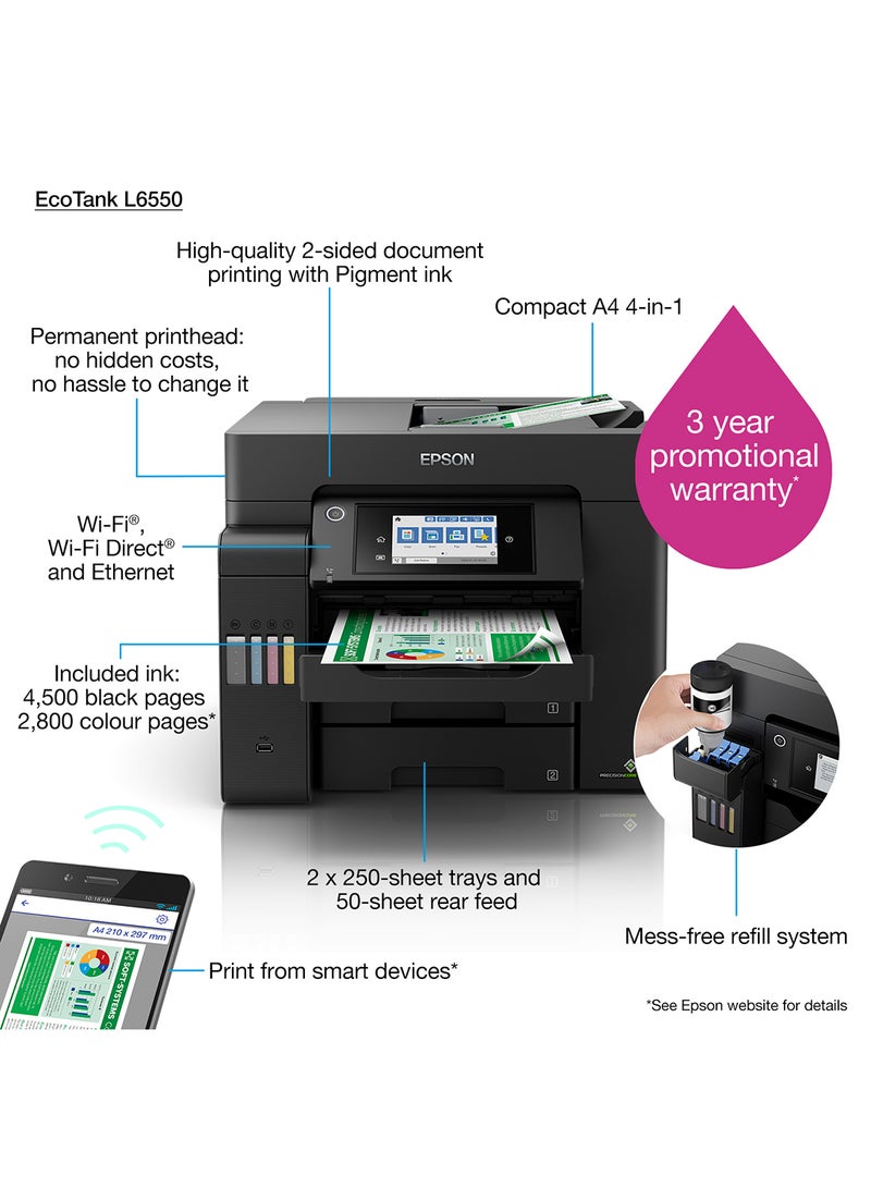 EcoTank L6550 3-in-1 Printer, Scanner, copier Wireless Inktank Black