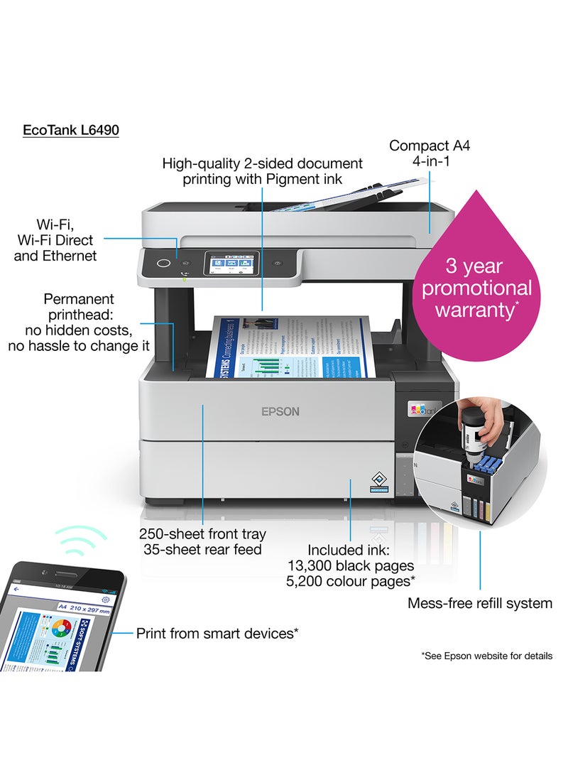EcoTank L6490 Print/Scan/Copy/Fax Wi-Fi Business Printer Black