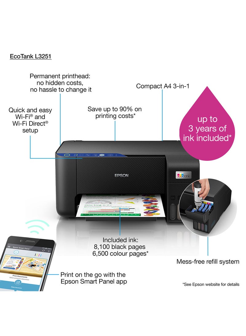 Ecotank L3251 Home Ink Tank Printer, A4 Color 3-in-1 Printer with Wi-Fi Direct, 5760 x 1440 DPI Resolution, 10 Pages/min Print Speed, USB/WiFi, 100 Sheets Paper Tray Capacity Black