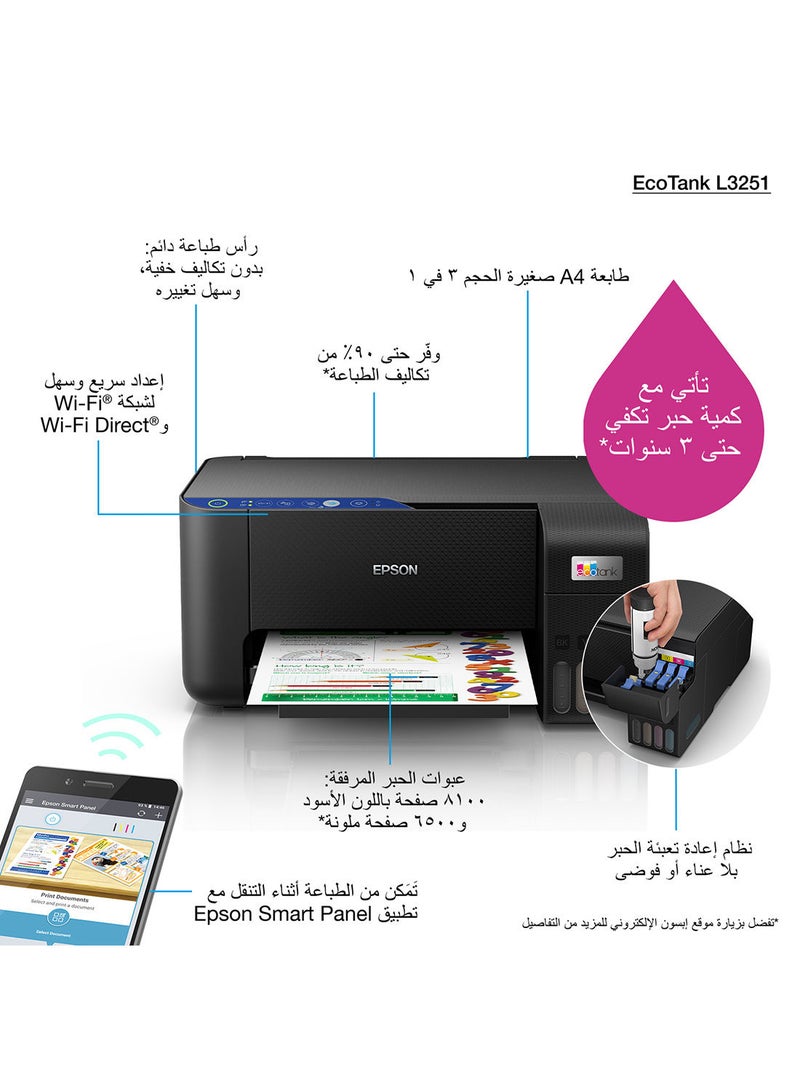 Ecotank L3251 Home Ink Tank Printer, A4 Color 3-in-1 Printer with Wi-Fi Direct, 5760 x 1440 DPI Resolution, 10 Pages/min Print Speed, USB/WiFi, 100 Sheets Paper Tray Capacity Black