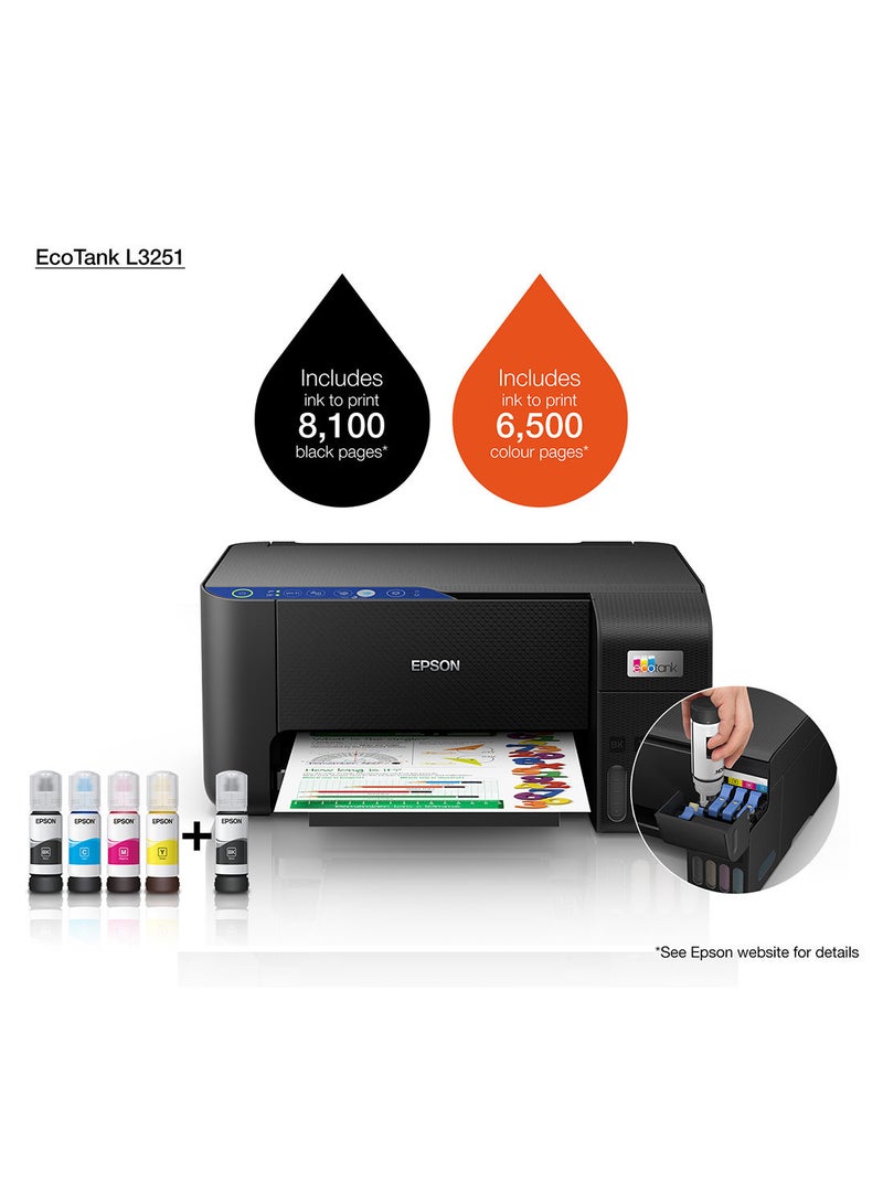 Ecotank L3251 Home Ink Tank Printer, A4 Color 3-in-1 Printer with Wi-Fi Direct, 5760 x 1440 DPI Resolution, 10 Pages/min Print Speed, USB/WiFi, 100 Sheets Paper Tray Capacity Black