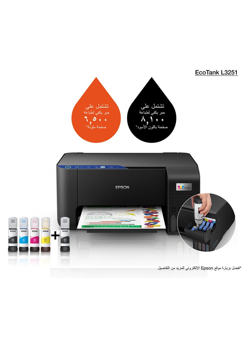 Ecotank L3251 Home Ink Tank Printer, A4 Color 3-in-1 Printer with Wi-Fi Direct, 5760 x 1440 DPI Resolution, 10 Pages/min Print Speed, USB/WiFi, 100 Sheets Paper Tray Capacity Black