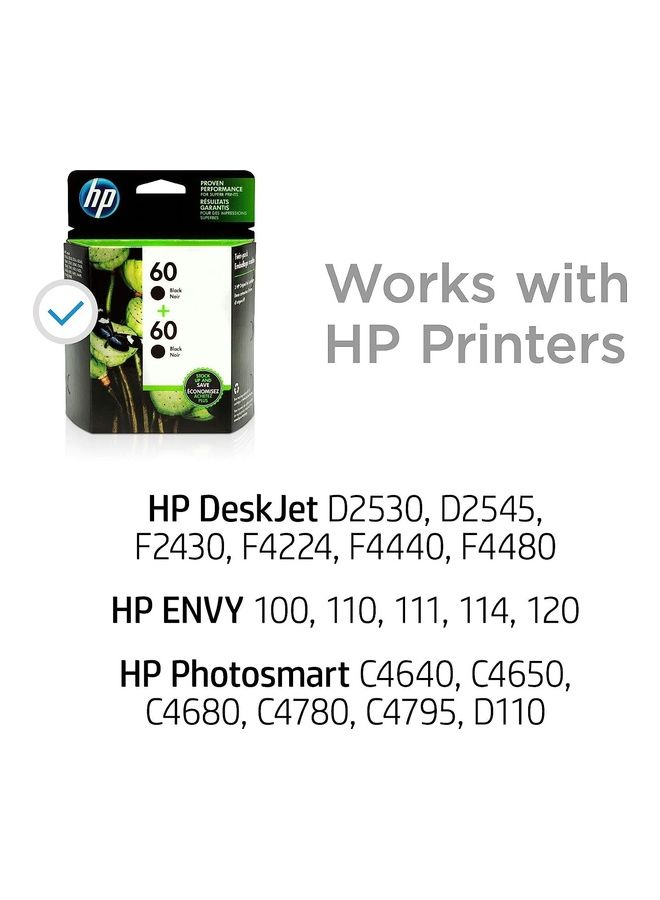 60 | 2 Ink Cartridges Works with DeskJet D2500 Series, F2430, F4200 Series, F4400 Series, ENVY 100, 110, 111, 114, 120, Photosmart C4600 Series, C4700 Series, D110a | CC640WN Black
